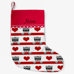 Petite Chaussette De Noël Nom personnalisé blanc ratons coeurs rouges rayure