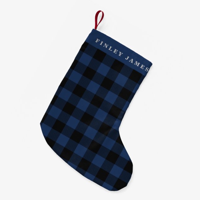 Petite Chaussette De Noël Nom personnalisé Bleu noir Buffle Plaid Rustique (Devant (Accrochage))