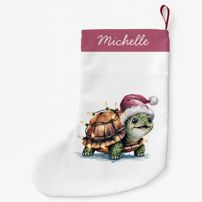 Petite Chaussette De Noël Nom personnalisé Joyeuse tortue de Noël à Père Noë (Dos)