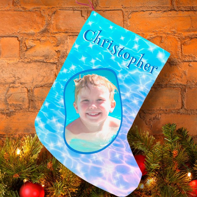 Petite Chaussette De Noël Nom Personnalisé Photo Eau Étincelante Rondes Nage (Créateur téléchargé)