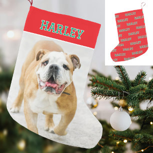 Petite Chaussette De Noël Nom personnalisé Photo Retro Typographie Rouge Ver