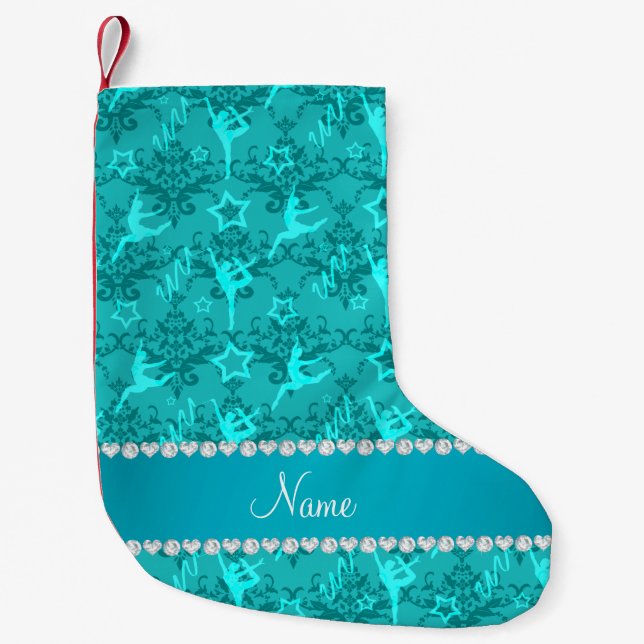 Petite Chaussette De Noël Nom personnalisé turquoise damask gymnastique (Devant)