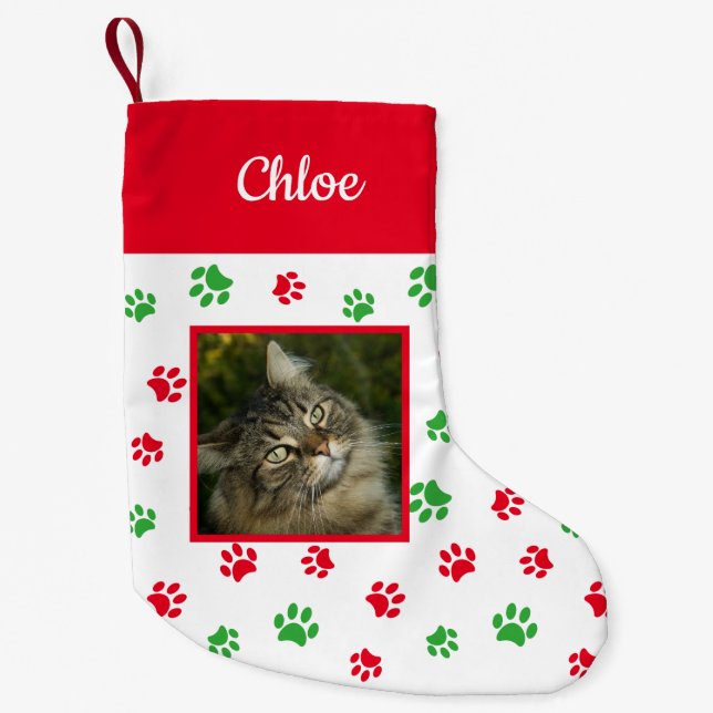 Petite Chaussette De Noël Nom photo du chat personnalisé Rouge Green Paws (Devant)