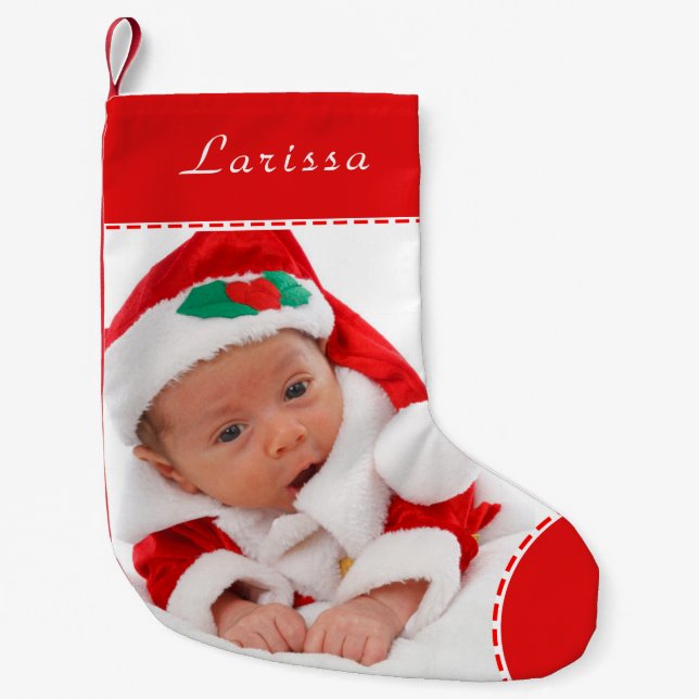 Petite Chaussette De Noël Nom photo personnalisé Red Trim Noël (Devant)