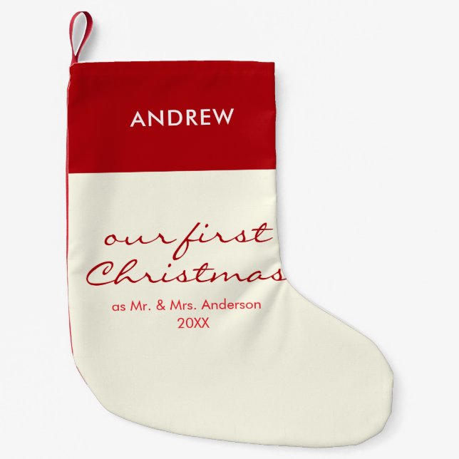 Petite Chaussette De Noël Notre premier Noël Newlyweds Custom Name Script (Devant)