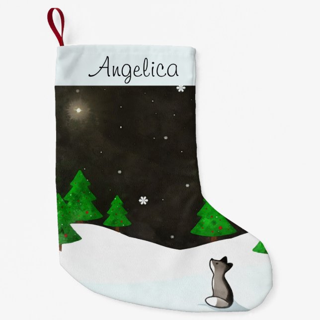 Petite Chaussette De Noël Observation des étoiles de loup sur l'aquarelle de (Devant)