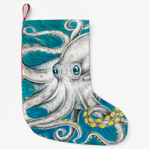 Petite Chaussette De Noël Octopus Tentacles encre turquoise verte