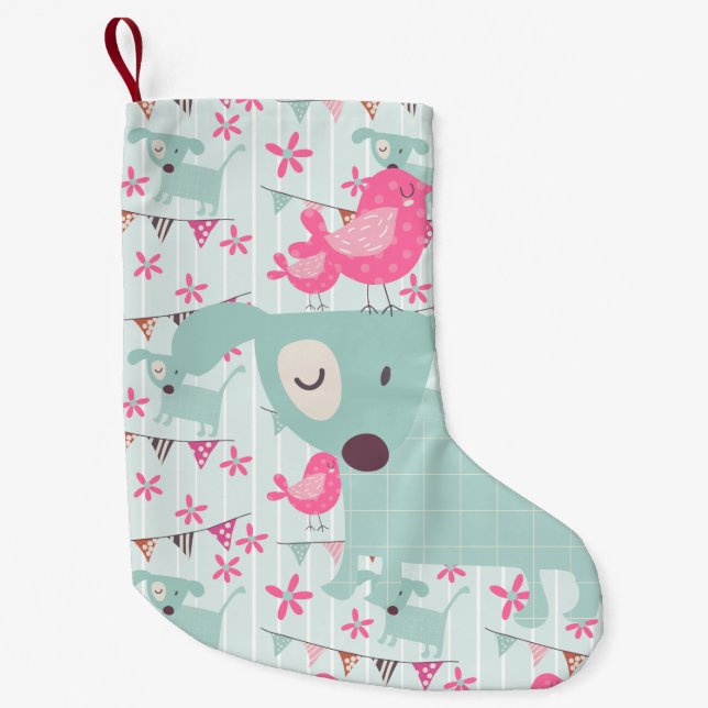 Petite Chaussette De Noël Oiseaux, Chiens, Bannières, Fleurs (Devant)