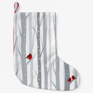Petite Chaussette De Noël Oiseaux d'hiver : Arbres gris, Oiseaux rouges