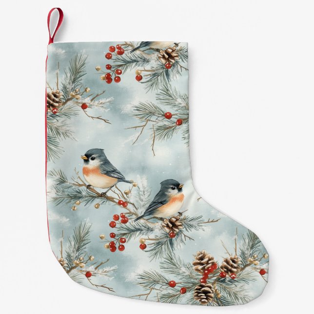 Petite Chaussette De Noël Oiseaux d'hiver Motif avec Pinecones et neige (Devant)