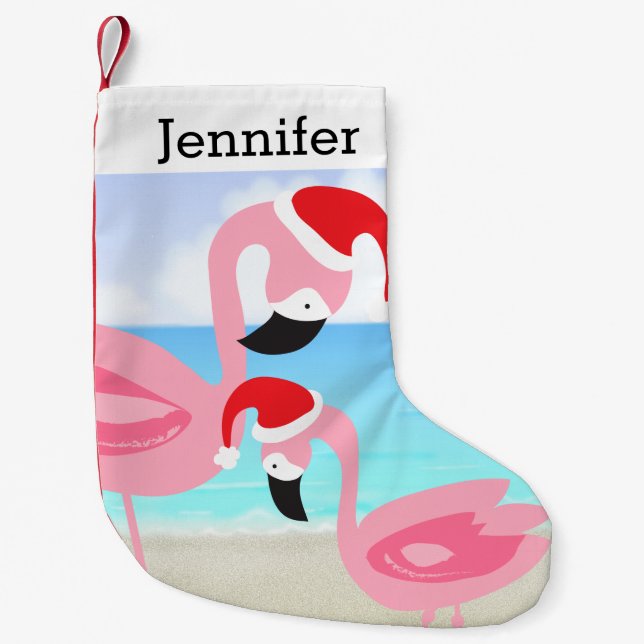 Petite Chaussette De Noël Oiseaux tropicaux de Flamant rose de Noël de plage (Devant)