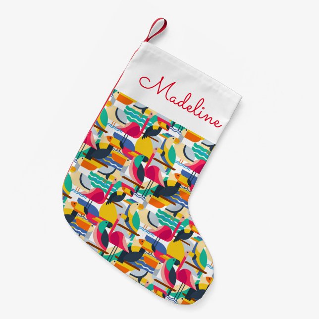 Petite Chaussette De Noël Oiseaux tropicaux géométriques| Monogramme (Devant (Accrochage))