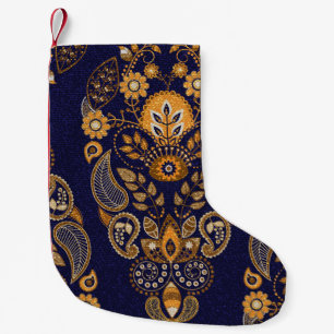 Petite Chaussette De Noël Or et bleu, motif sans couture fleurie.