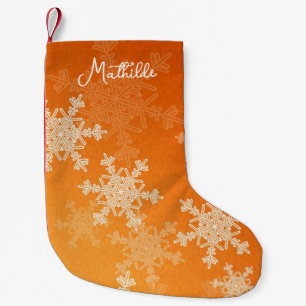 Petite Chaussette De Noël Orange White Snowflakes Minimaliste Nom de Noël