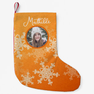 Petite Chaussette De Noël Orange White Snowflakes Minimaliste Photo de Noël