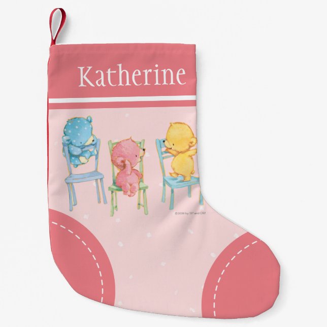 Petite Chaussette De Noël Ours jaunes, roses et bleus sur chaises (Devant)