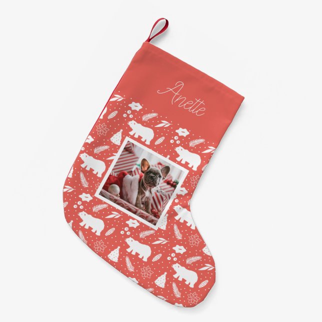 Petite Chaussette De Noël Ours polaire floral photo Rouge Noël Stocker (Devant (Accrochage))