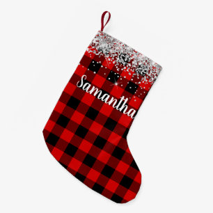 Petite Chaussette De Noël Paillettes argentées carreau de bœuf rouge et noir