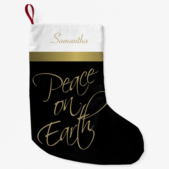 Petite Chaussette De Noël Paix sur Terre Elégant Noir, Or & Blanc (Devant)