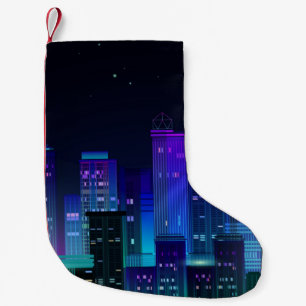 Petite Chaussette De Noël Panorama de la ville de nuit avec lumière néon sur