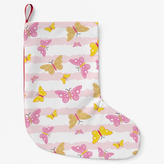 Petite Chaussette De Noël Papillon rose et or (Devant)