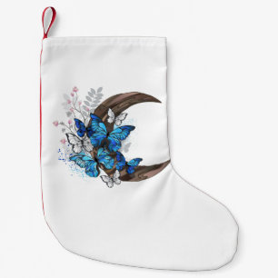 Petite Chaussette De Noël Papillons bleus sur croissant en bois