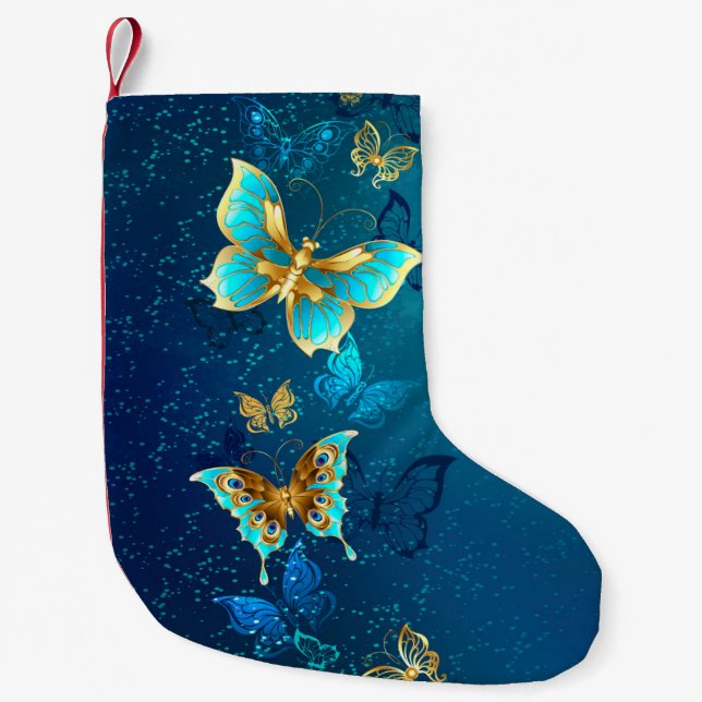 Petite Chaussette De Noël Papillons d'or sur un Arrière - plan bleu (Devant)