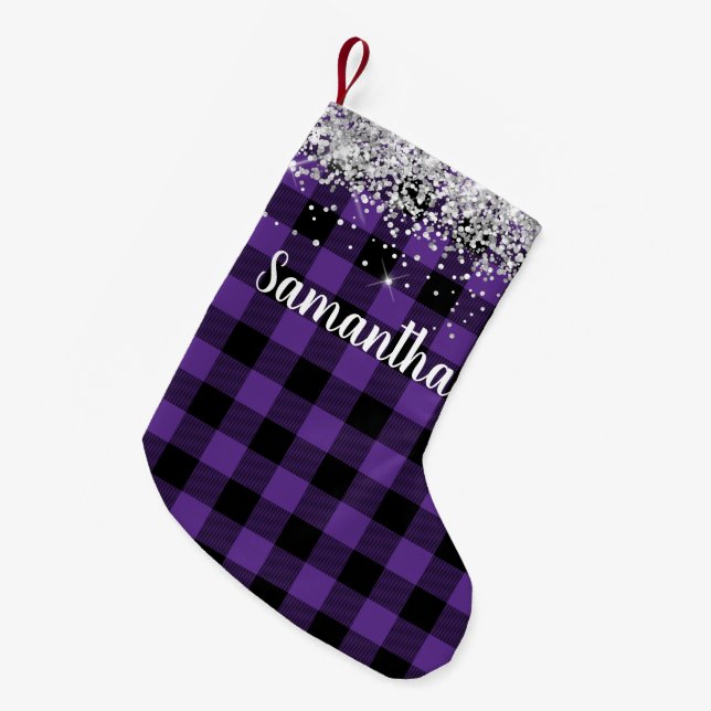 Petite Chaussette De Noël Parties scintillant d'argent Plaid violet et noir  (Devant (Accrochage))