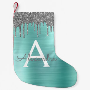 Petite Chaussette De Noël Parties scintillant Turquoise d'argent Nom du mono