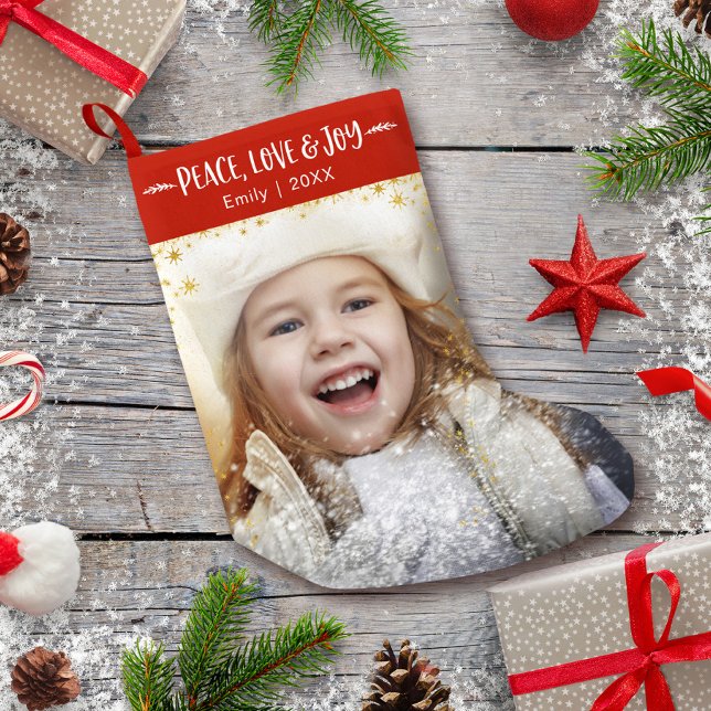 Petite Chaussette De Noël Peace Love Joy Photo personnalisée Gold Stars Nom  (Créateur téléchargé)