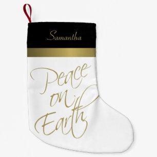 Petite Chaussette De Noël Peace on Earth Simple Elegant Or, noir & blanc