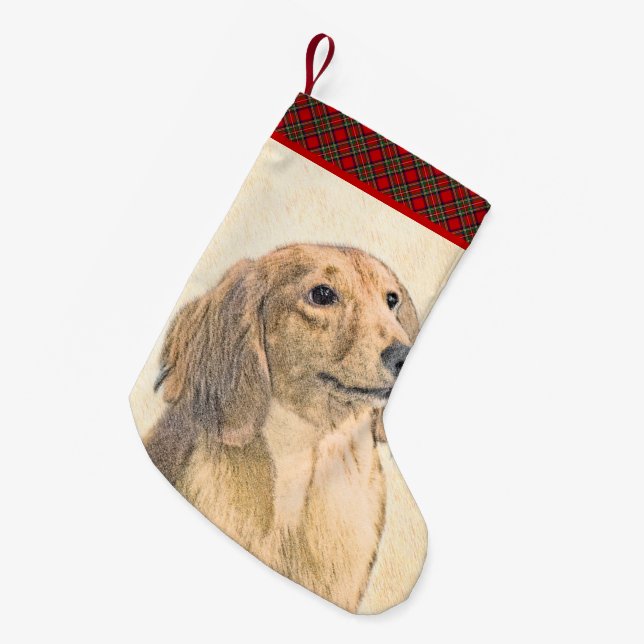 Petite Chaussette De Noël Peinture de Dachshund (Longhaïs) - Art original du (Devant (Accrochage))