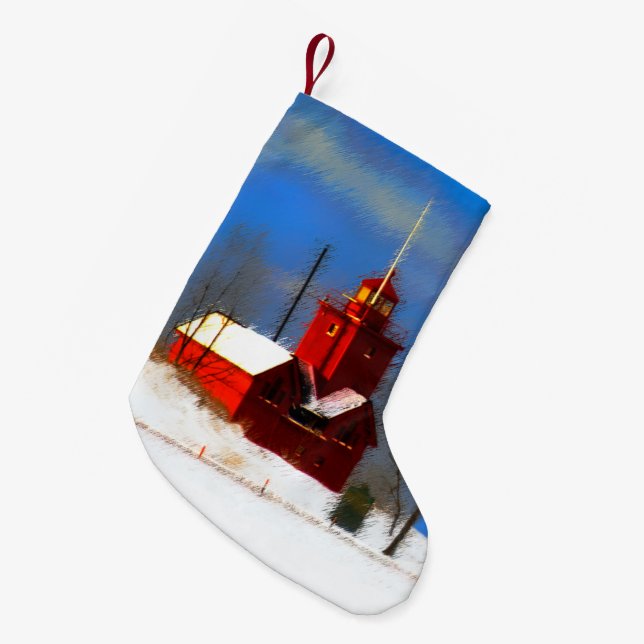 Petite Chaussette De Noël Peinture de phare rouge - Art original (Devant (Accrochage))