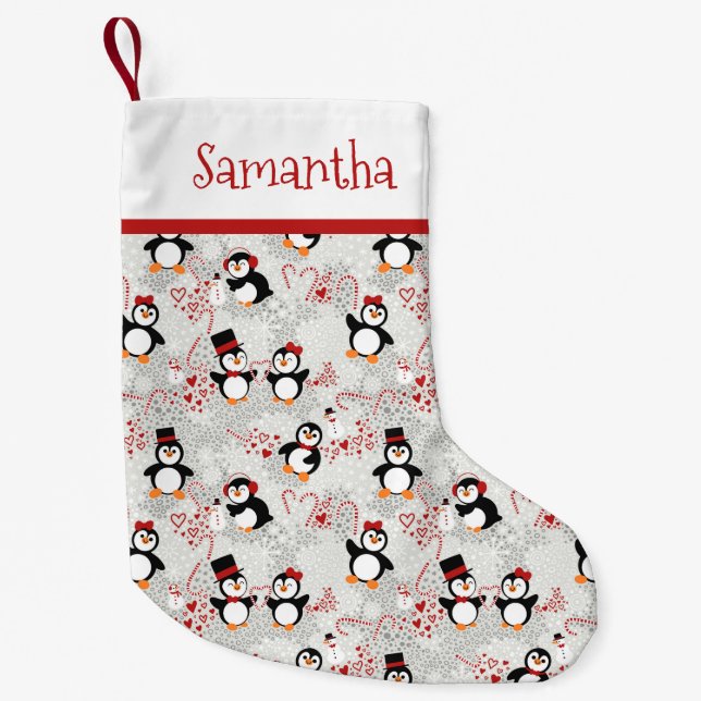 Petite Chaussette De Noël Peppermenthe Penguins de Noël Nom personnalisé (Devant)