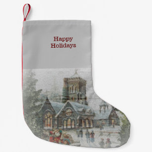 Petite Chaussette De Noël Père Noël ancienne avec enfants devant une église