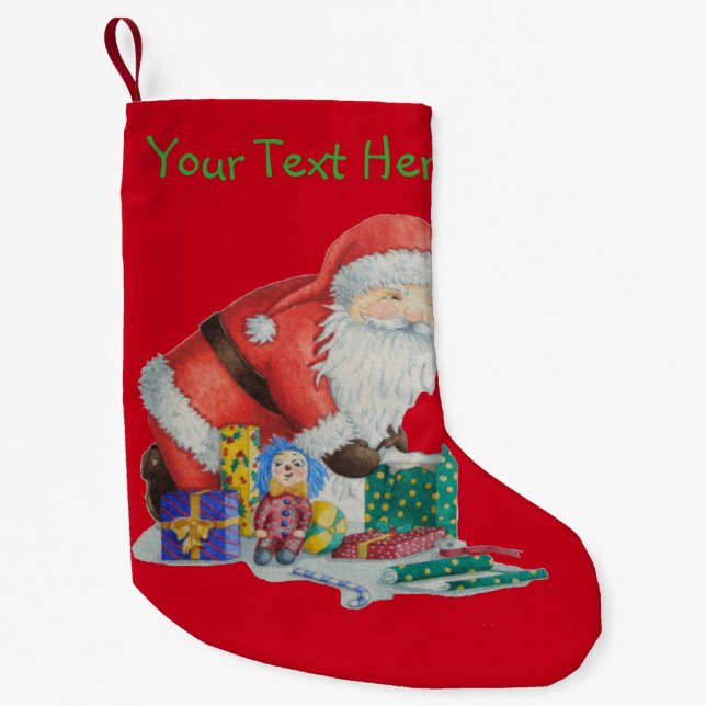 Petite Chaussette De Noël Père Noël mignon et jouets enveloppant des cadeaux (Devant)