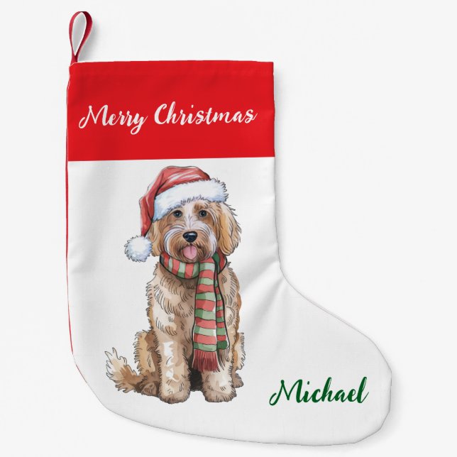 Petite Chaussette De Noël Personalized Goldendoodle Dog in Santa Hat  (Devant)