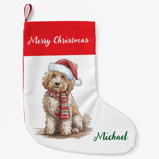 Petite Chaussette De Noël Personalized Goldendoodle Dog in Santa Hat  (Devant)