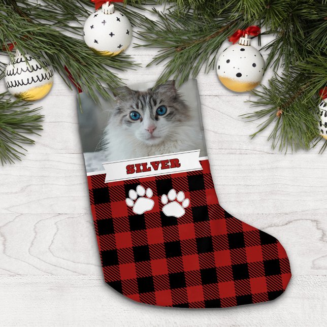 Petite Chaussette De Noël Personnalisé Rustic Red Buffalo Nom du chat Photo (Créateur téléchargé)