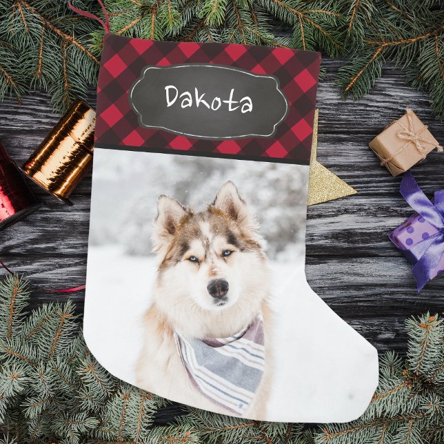 Petite Chaussette De Noël Personnalisé Rustic Red Buffalo Plaid Pet Photo (Créateur téléchargé)