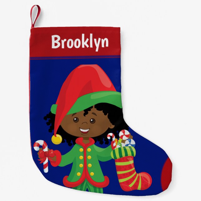 Petite Chaussette De Noël Personnaliser l'elfe afro-américain (Devant)