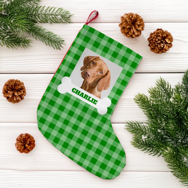 Petite Chaussette De Noël Pet Photo and Dog Bone with Name on Green Plaid (Créateur téléchargé)