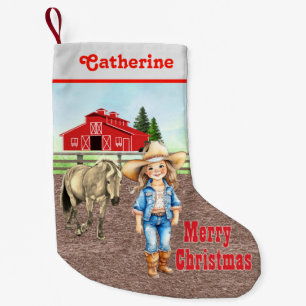 Petite Chaussette De Noël Petite fille occidentale avec cheval et grange