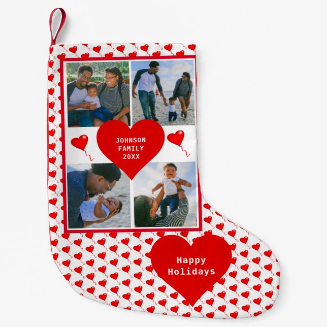 Petite Chaussette De Noël Photo Collage Famille Personnalisée Coeurs rouges (Devant)