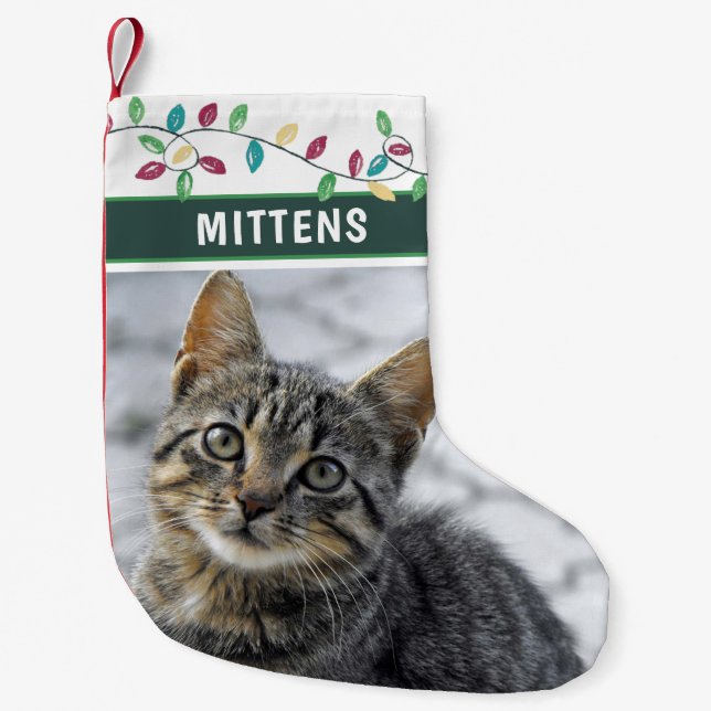 Petite Chaussette De Noël Photo Cute Chat Aquarelle Vacances Vert (Devant)