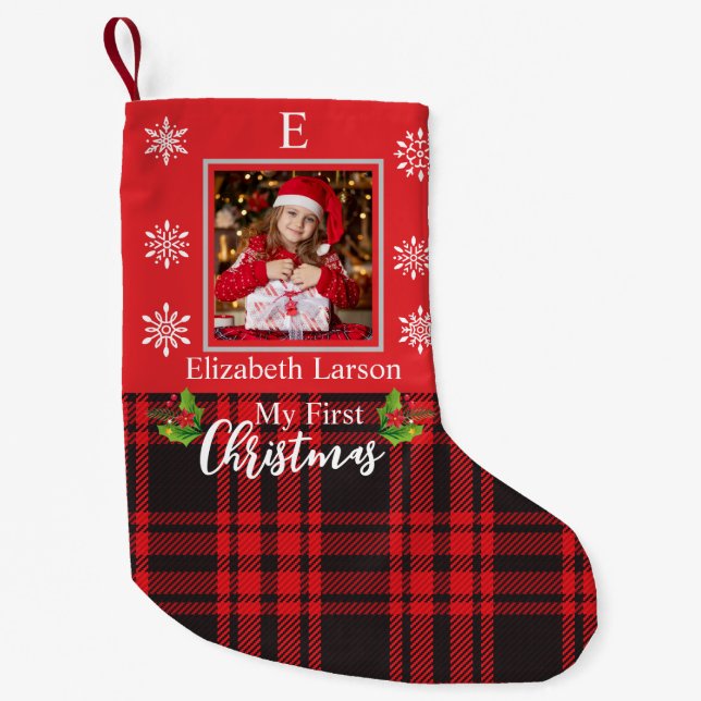 Petite Chaussette De Noël Photo de bébé personnalisée Premier Noël Monogramm (Devant)