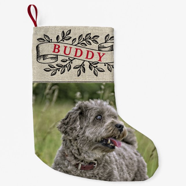 Petite Chaussette De Noël Photo et nom du chien rustique Ruban festif (Devant)