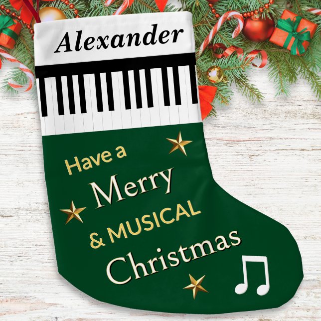 Petite Chaussette De Noël Piano Keys Forest Green Music Thème Personnalisé (A Christmas stocking in forest green with piano keys design, custom name and music themed greeting)