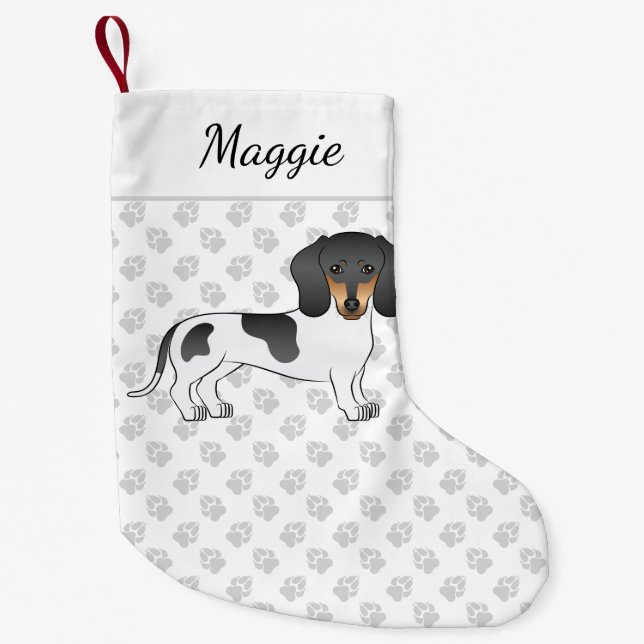 Petite Chaussette De Noël Piebald Noir Et Tan Cheveux Courte Dachshund & Nom (Devant)