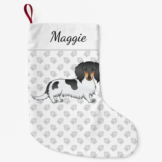 Petite Chaussette De Noël Piebald Noir Et Tan Cheveux Long Dachshund & Nom (Devant)
